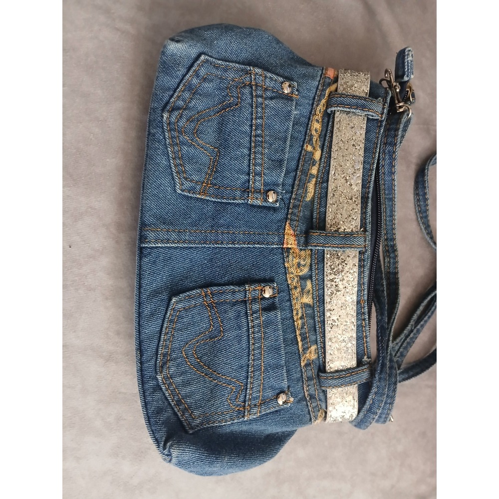 Y2K Denim Pocket Crossbody Bag Blue Jean Purse with Silver Glitter Belt Small - Picture 3 of 8
